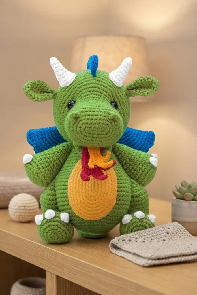 Front view of a finished green crocheted amigurumi dragon with white horns, blue wings, an orange belly patch and red and orange flames at the mouth, sitting on a wooden table.