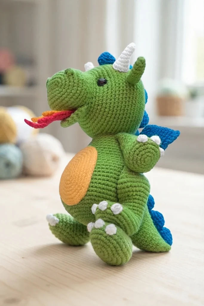 Green crochet dragon amigurumi viewed in three-quarter profile, with white horns, blue spikes and wings, a yellow belly patch, and red and orange crochet flames coming from its mouth.