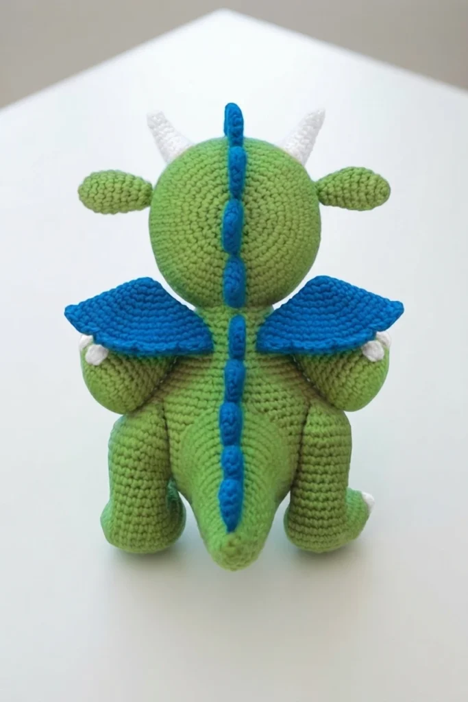Back view of a green crochet dragon with blue back spikes, blue wings and white horns on a white surface
