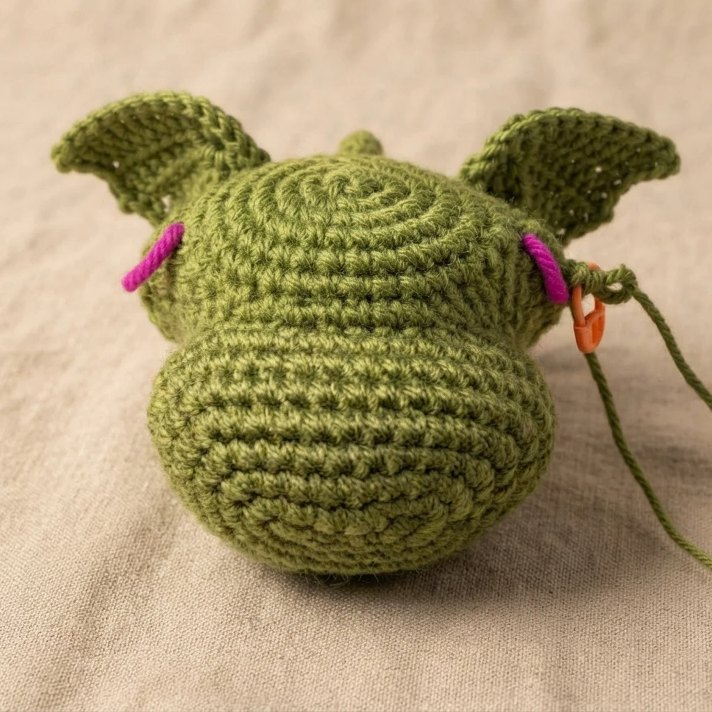 Green crochet dragon head in progress with pink yarn eye markers and attached ears