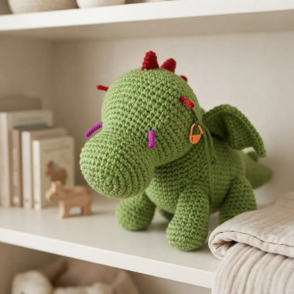 Green crocheted dragon with red spikes, red and purple yarn markers on its head and an orange stitch marker, standing on a white shelf beside books.
