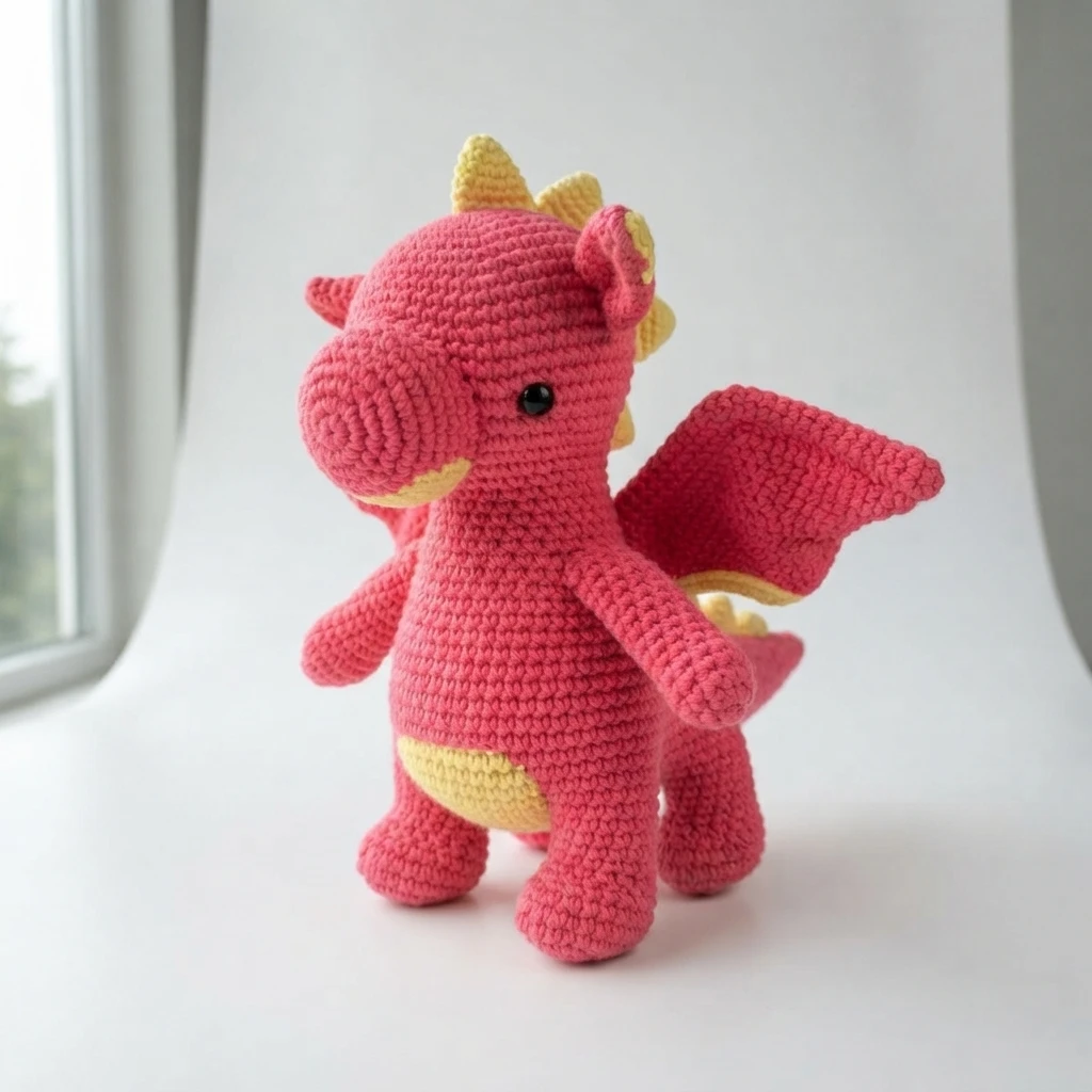 Crocheted pink amigurumi dragon with yellow horns, spikes, wings and belly, standing in profile on a white background.