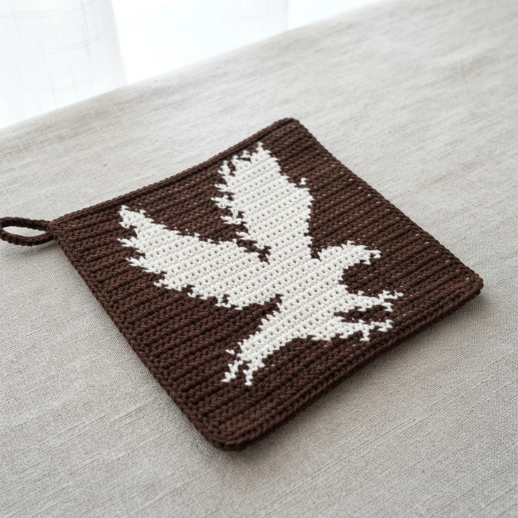 Brown and white crocheted eagle potholder with a hanging loop on light beige fabric