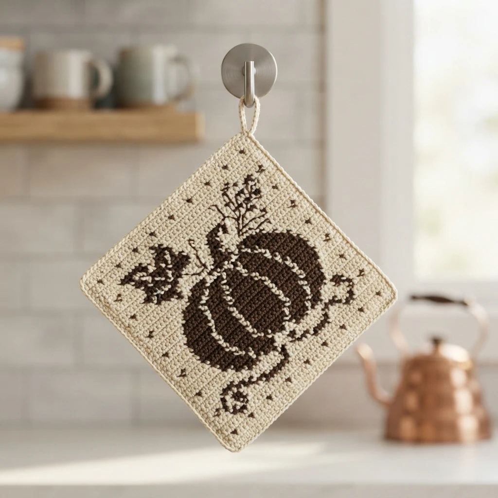 Tapestry crochet pumpkin potholder with dark brown pumpkin motif hanging from a hook in a kitchen