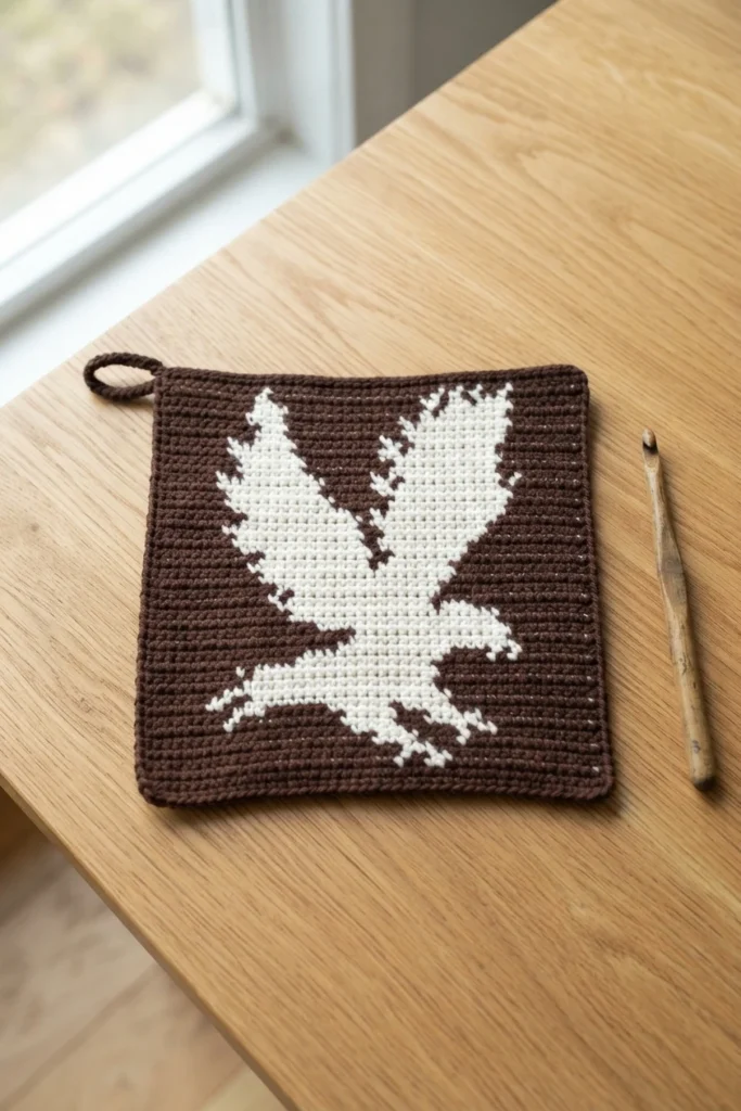 Brown crochet potholder with a white eagle motif lying on a wooden table next to a crochet hook.