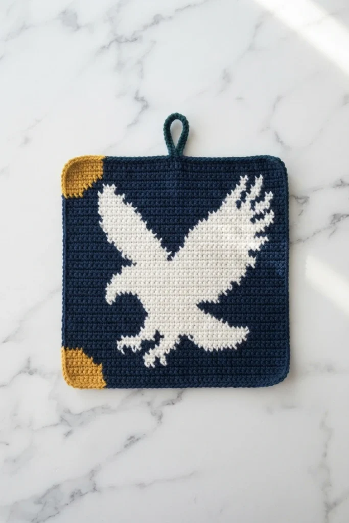 A finished tapestry crochet potholder showing a white eagle on a navy blue background with mustard yellow corner accents and a teal hanging loop, displayed on a marble surface.