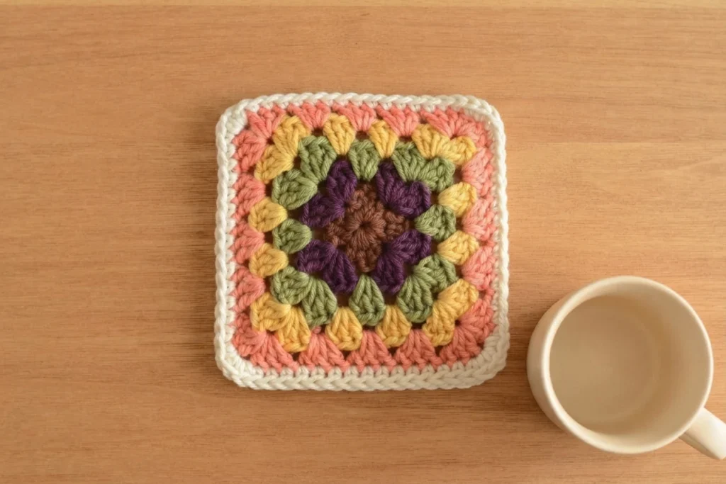 A single square crochet coaster worked in concentric granny square rounds of cream, peach, yellow, green, purple and brown, lying flat on a light wood surface next to a plain white mug.