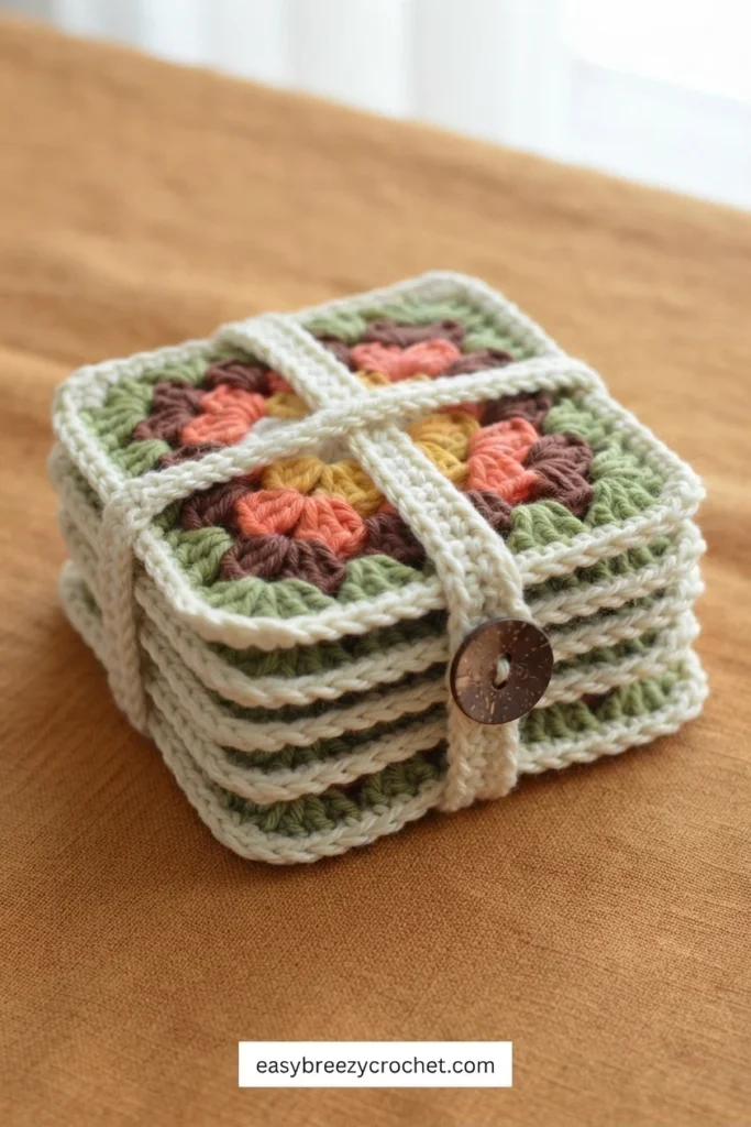 Stack of crocheted granny square coasters in yellow, coral, brown and green with a cream border, tied crosswise with a cream strap and a dark wooden button, resting on tan fabric.