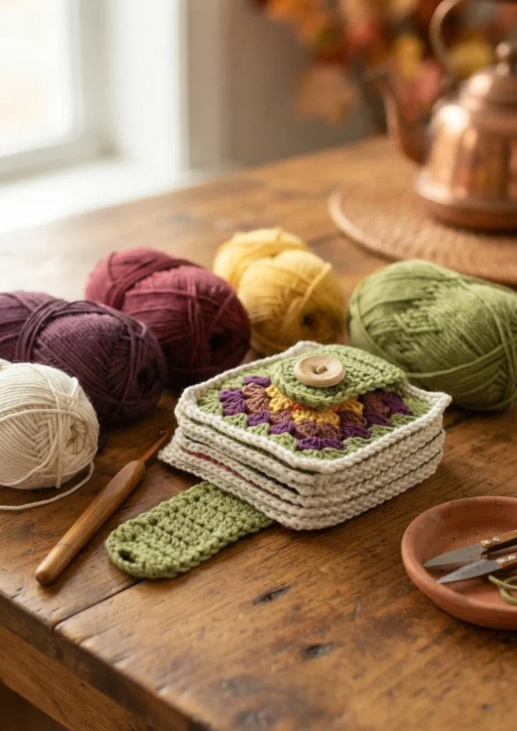 Stack of crocheted granny square coasters in cream, green, purple, mustard and brown, fastened with a green strap and a wooden button, next to balls of yarn, a wooden crochet hook, scissors in a small dish and a copper kettle on a wooden ta