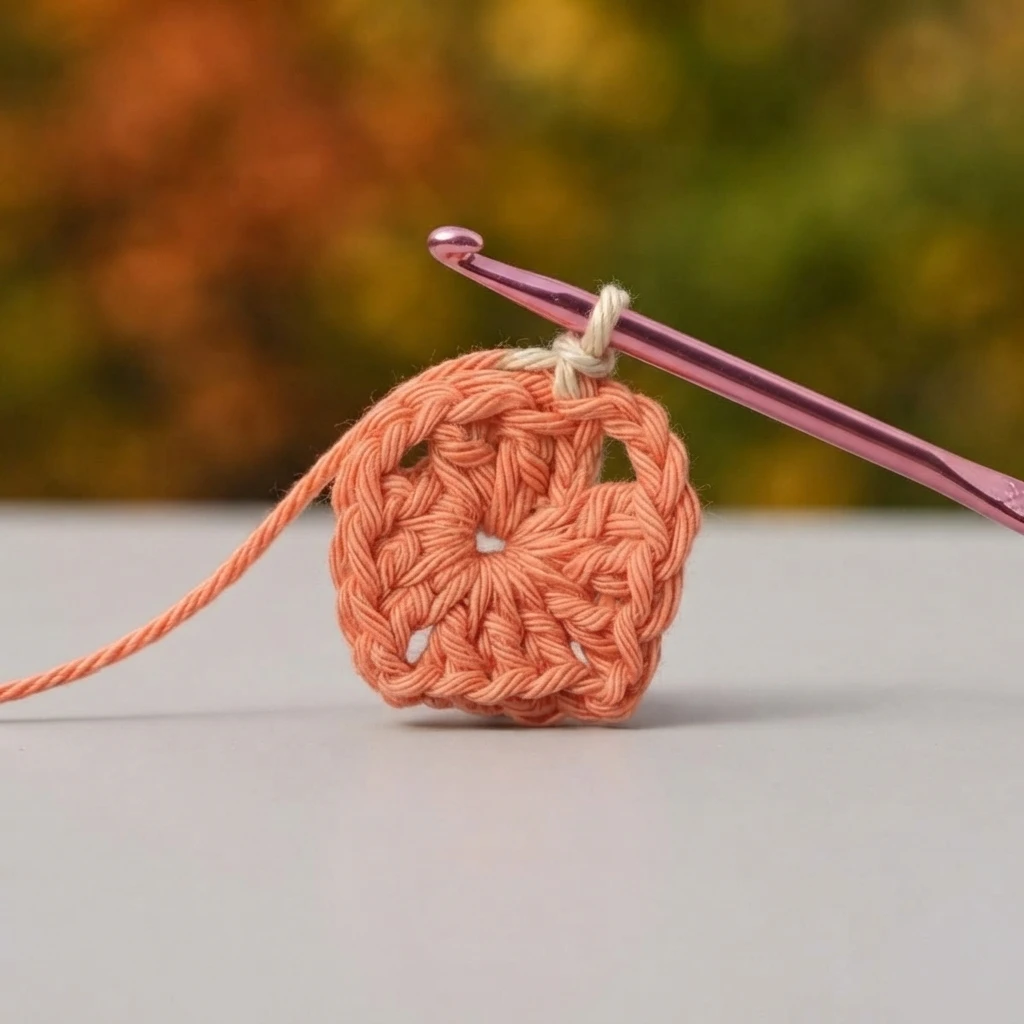 Orange crochet granny square first round on a pink hook, resting on a pale surface with a blurred autumn foliage background.