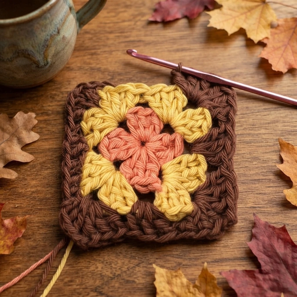 In-progress granny square coaster in orange, yellow and brown with a pink crochet hook still attached, resting on a wooden table with autumn leaves and a ceramic mug.