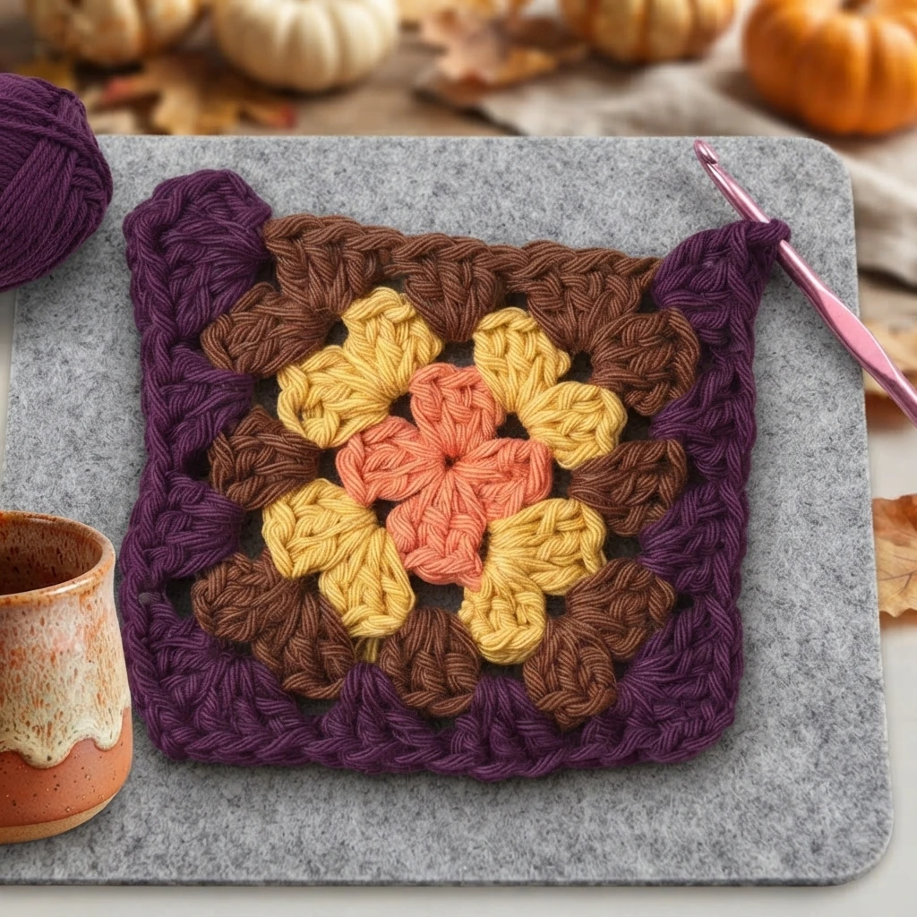 Carré granny au crochet en cours de réalisation sur une surface grise, avec un centre orange entouré de groupes de brides jaune moutarde, puis marron et un dernier tour violet, un crochet rose piqué dans la boucle de travail, une pelote vio