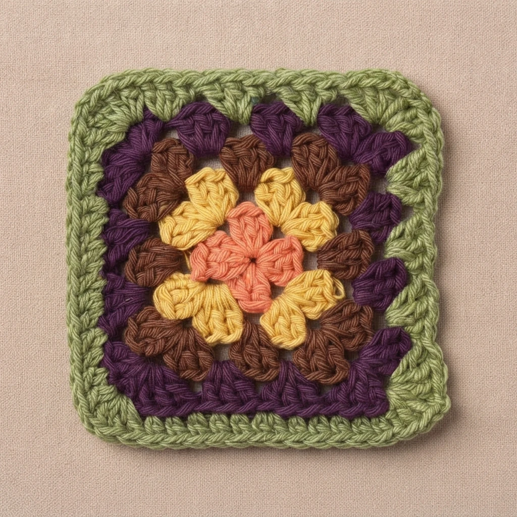 Finished crochet granny square with orange center and rounds of yellow, brown, purple and green, shown flat on a pink fabric background.