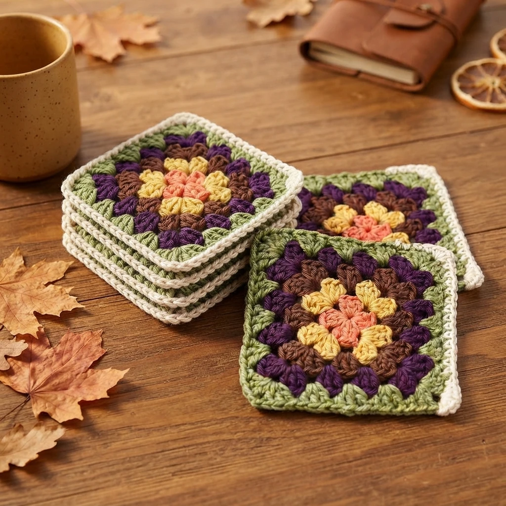 Stack of crocheted granny square coasters with cream borders and rounds of orange, yellow, brown, purple and green, resting on a dark wooden table with autumn leaves, dried orange slices, a ceramic mug and a leather notebook.