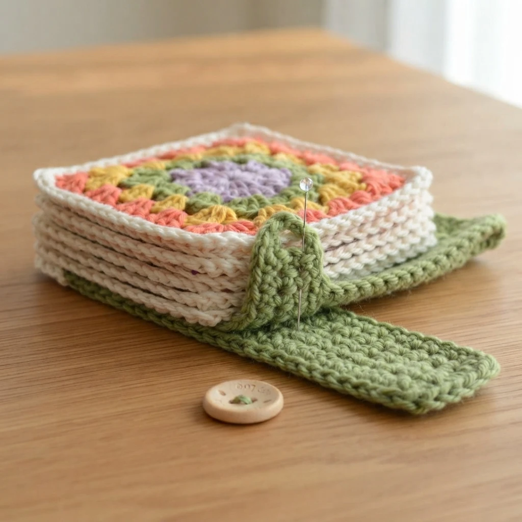 Stack of granny square coasters wrapped with a green crocheted strap, a sewing pin marking the button position on the strap end, with a wooden button resting on the table beside the stack.