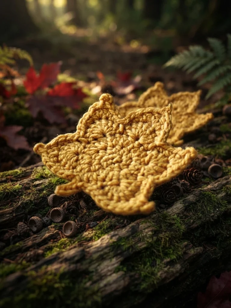 Feuilles d’érable crochetées en fil jaune doré posées sur un sol forestier moussu, parmi des feuilles d’automne et des pommes de pin.