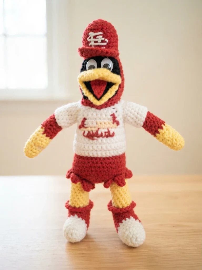Crocheted Fredbird mascot amigurumi standing on a wooden table: red cap with a white logo, black head, large white eyes, yellow beak with an open red mouth, white jersey with red sleeves and red lettering, red shorts with a scalloped edge,