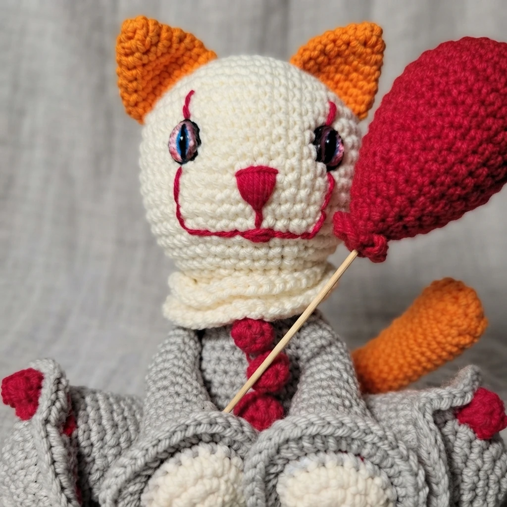 Close-up of a crocheted white-and-gray clown cat with orange ears, red facial details and buttons, holding a large red balloon.