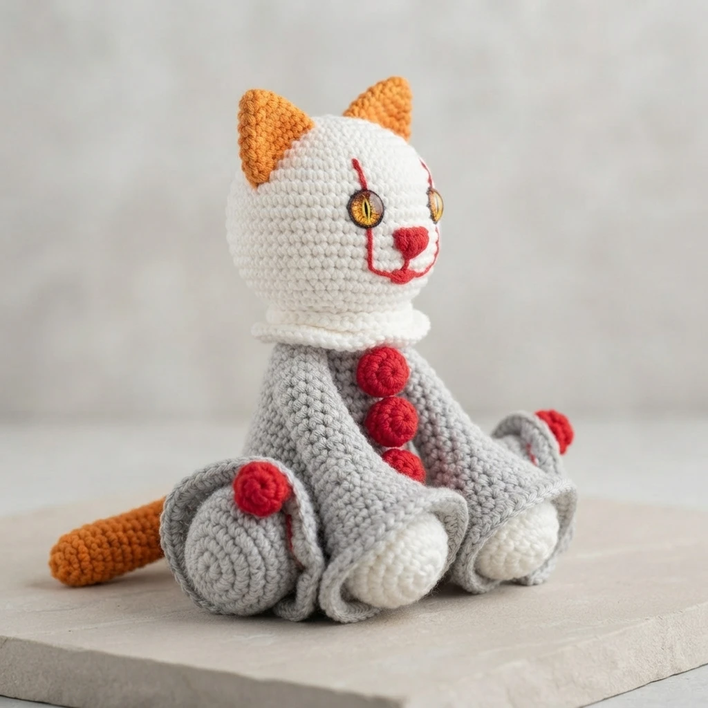 Crocheted gray clown cat with orange ears and tail, red buttons, and a white ruffled collar, seated on a light surface.