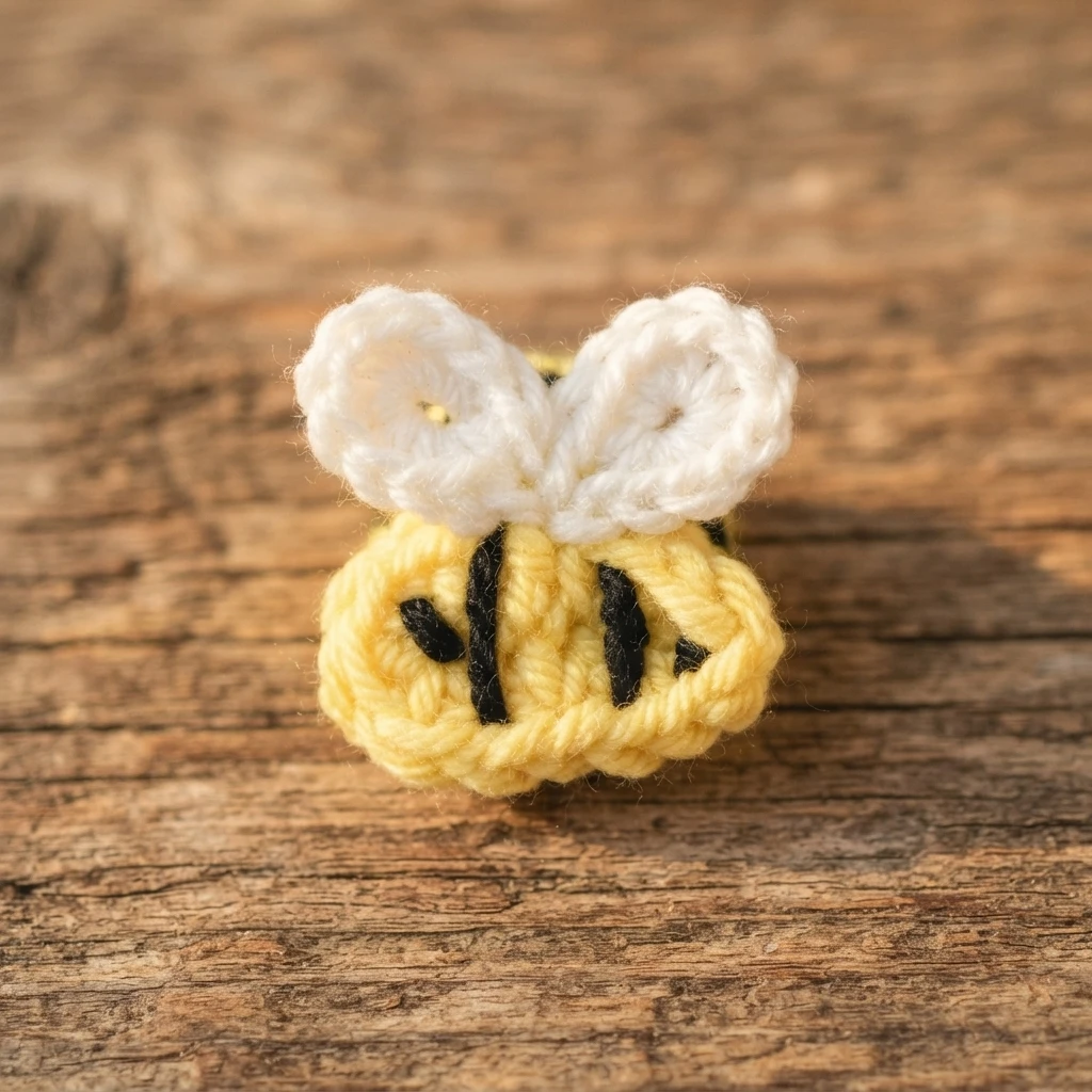 Small yellow crochet bee with black stripes and white crocheted wings resting on a wooden surface