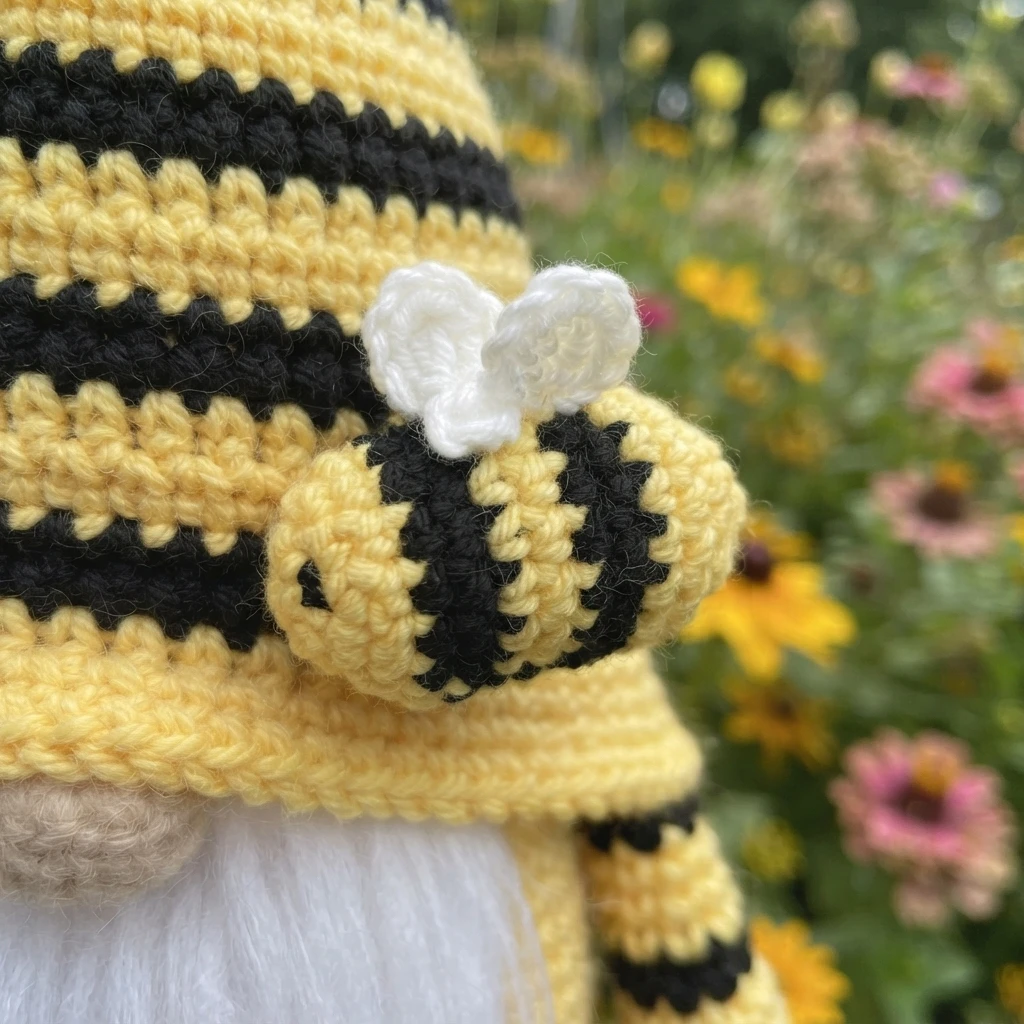 Crocheted yellow and black striped mini bumble bee with white wings attached to a striped gnome, garden flowers blurred behind