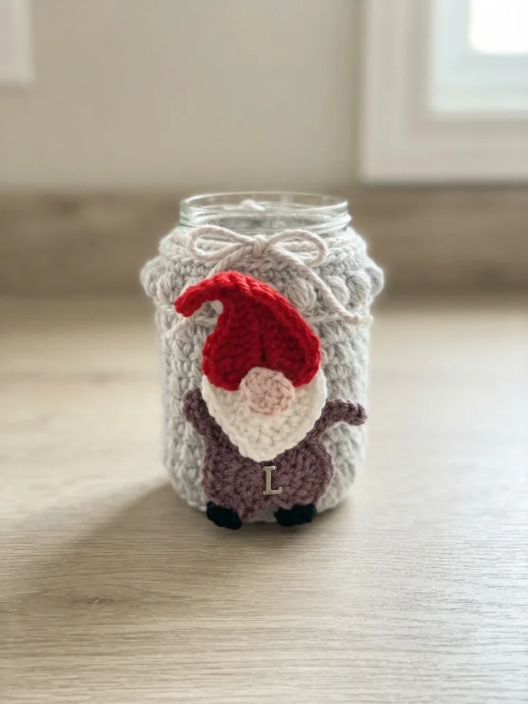 Crocheted gray mason jar cover with a textured bobble surface and a tied cord at the top, decorated with a small gnome applique in a red hat, white beard, pink nose, purple body and black feet, finished with a metal letter charm, standing o
