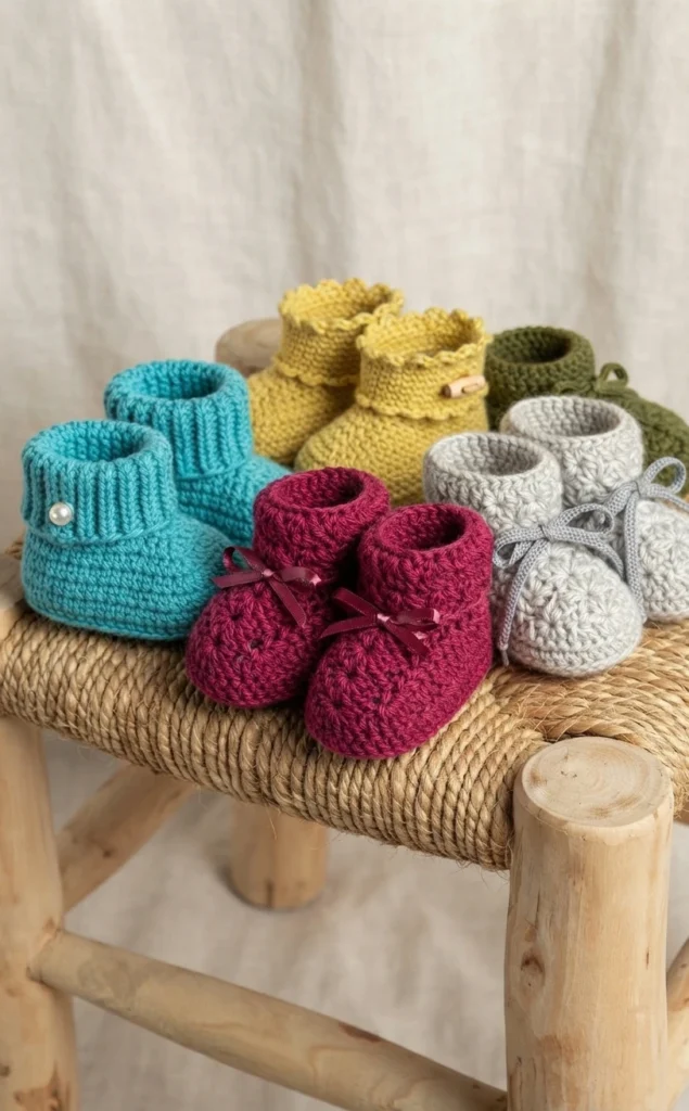 Five pairs of colorful crochet baby booties with ribbons and buttons arranged on a woven wooden stool
