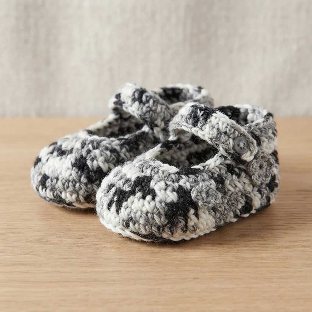 Crocheted black and white variegated baby Mary Jane booties with straps and buttons on a wooden surface