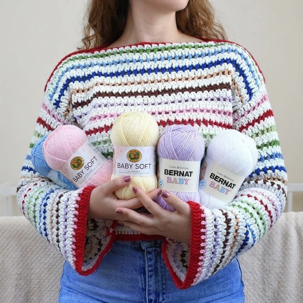 Person wearing a multicolor striped crochet sweater, holding several pastel baby yarn balls