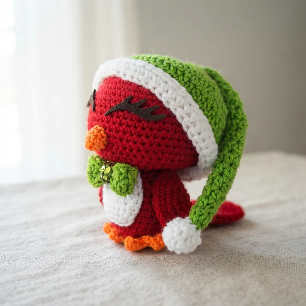 Crocheted red cardinal amigurumi wearing a green and white Santa hat with a white pom-pom, an orange beak and feet, a white belly patch and black felt eye accents, resting on a light surface.