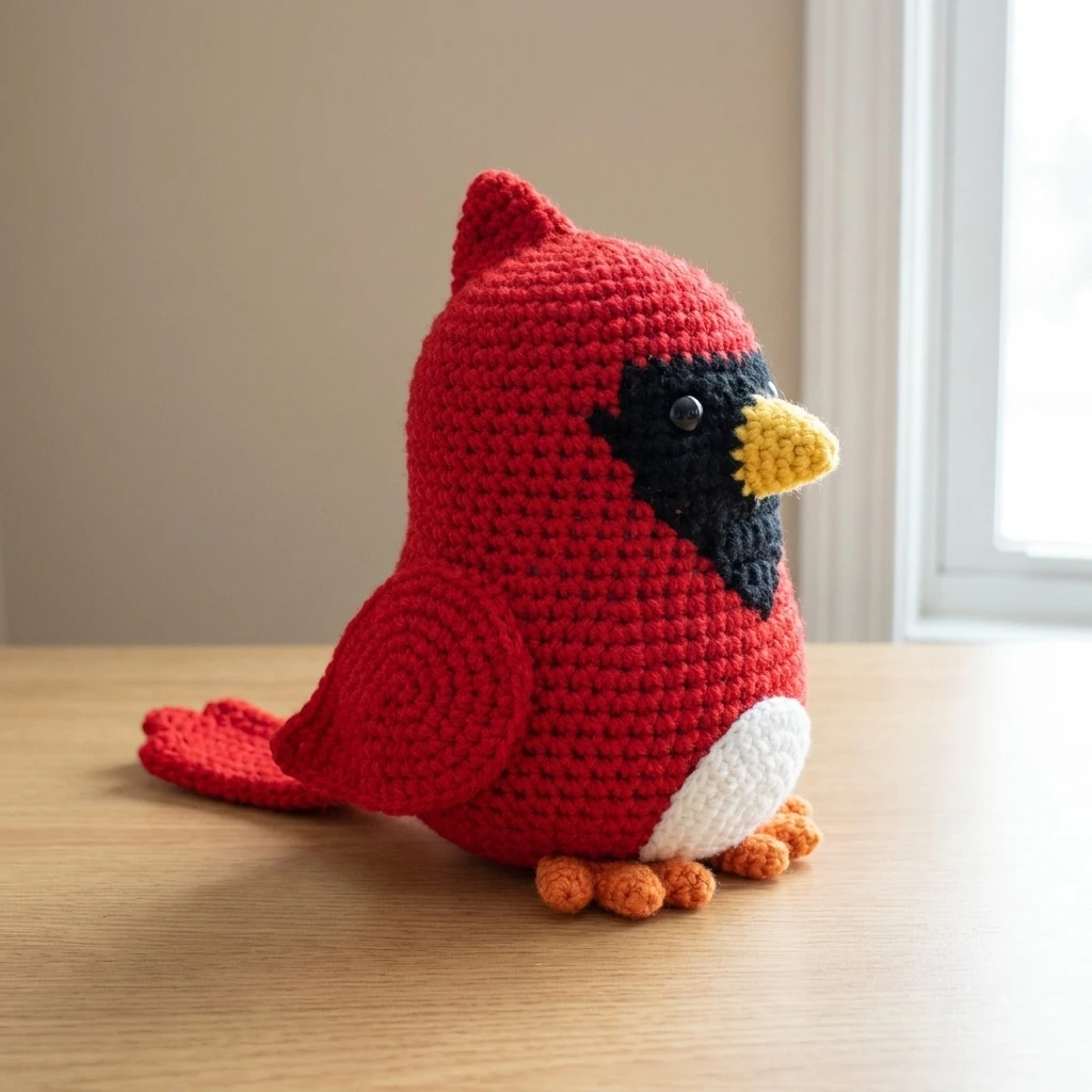 Crocheted red cardinal amigurumi with a black face mask, yellow beak, white wing patch and orange feet, sitting on a wooden table beside a bright window.