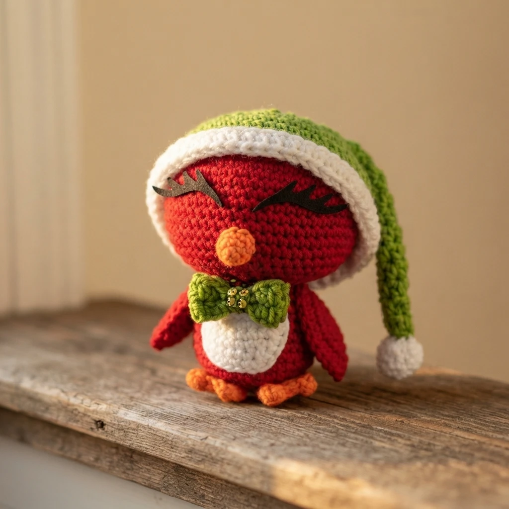 Crocheted red cardinal amigurumi with black eyelashes, an orange beak and feet, a white belly, a green bow with small gold beads at the neck, and a green and white Santa hat with a white pompon, standing on a weathered wooden board against
