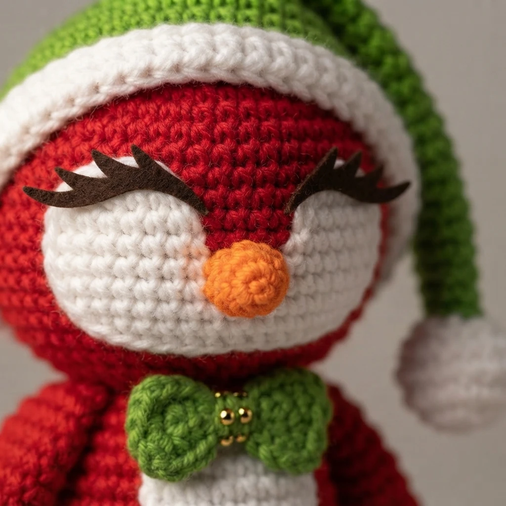 Close-up of a crocheted red cardinal ornament with a white face patch, orange beak, dark felt eyelashes and a green crocheted Santa hat, plus a green bow with small gold beads at the neck, photographed against a soft grey background.