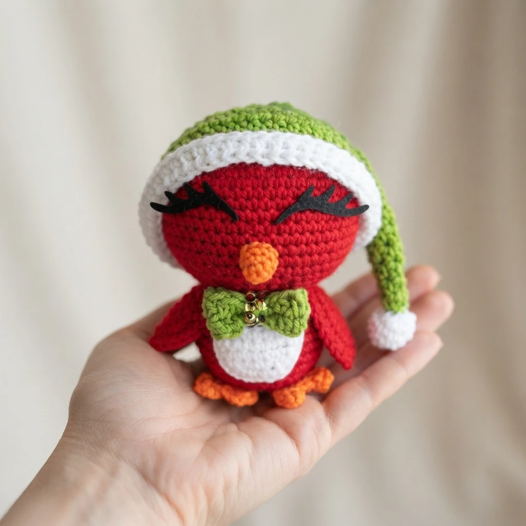 Crocheted red cardinal amigurumi with a white belly, orange beak and feet, black embroidered eyelashes, a green bow with a small gold bell, wearing a green and white Santa hat with a white pompom, resting in an open hand against a soft crea