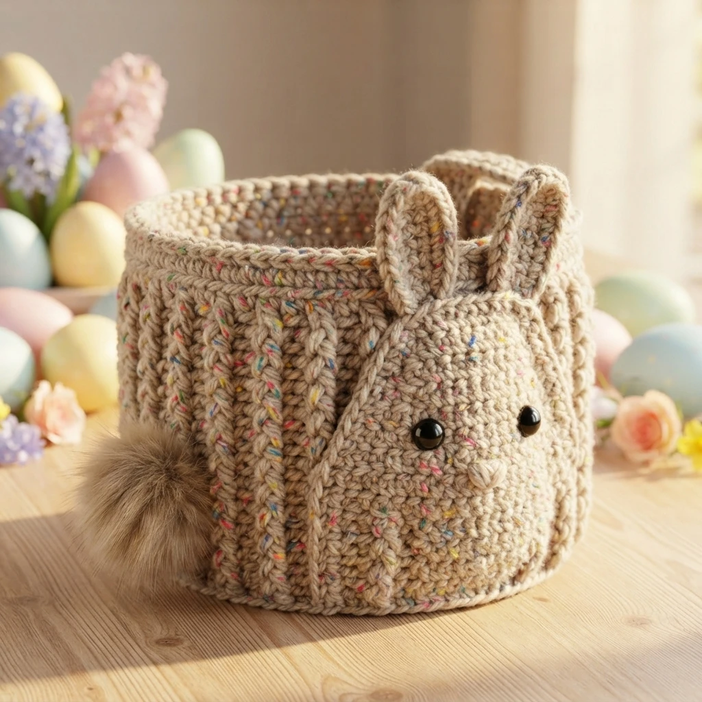 Speckled crochet bunny basket with black safety eyes, upright ears and a faux fur pom pom tail, displayed on a wooden table with pastel Easter eggs and flowers in the background