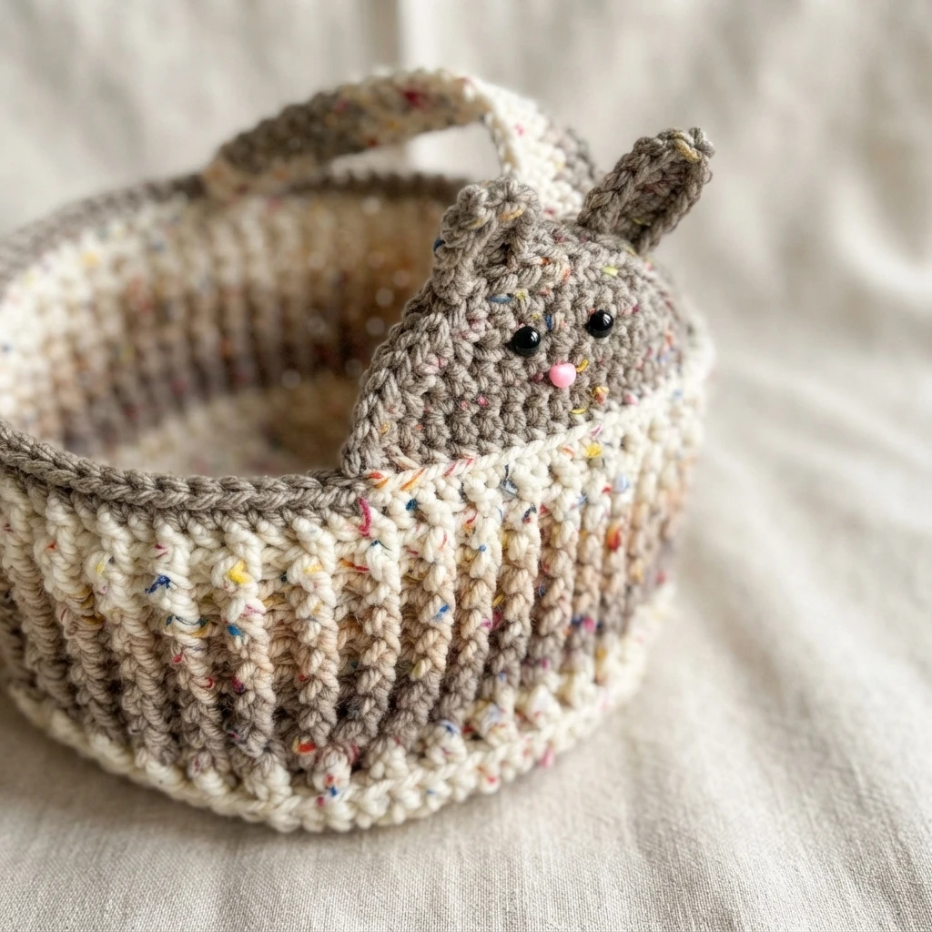 Finished crochet bunny basket in speckled bulky yarn with safety eyes, pink nose and attached handle.