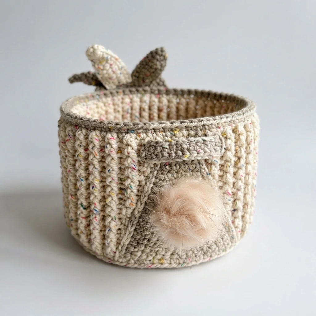Crochet bunny basket viewed from the back, showing upright ears, a short strap and a faux fur pom pom tail on a ribbed speckled yarn body