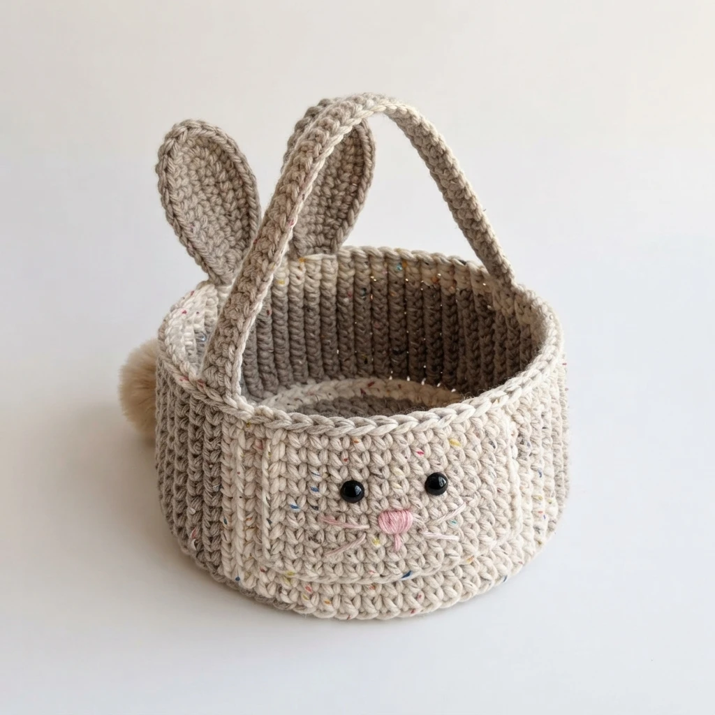 Finished crochet bunny basket with upright ears, top handle, black eyes, pink embroidered nose and small pom-pom tail