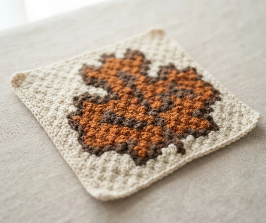 Crocheted corner-to-corner square with an orange maple leaf outlined in brown on a cream background, photographed at an angle on light fabric.