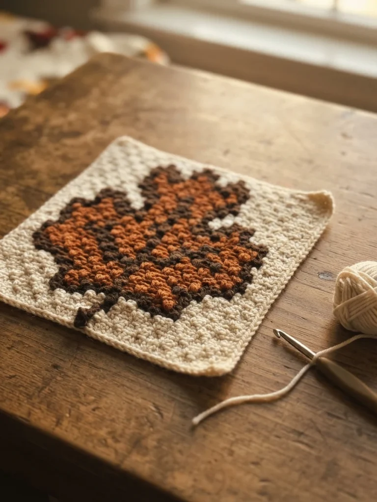 Carré crocheté en coin à coin avec un motif de feuille d'érable orange et brun sur fond crème, posé sur une table en bois à côté d'un crochet métallique et d'une petite pelote de fil crème.