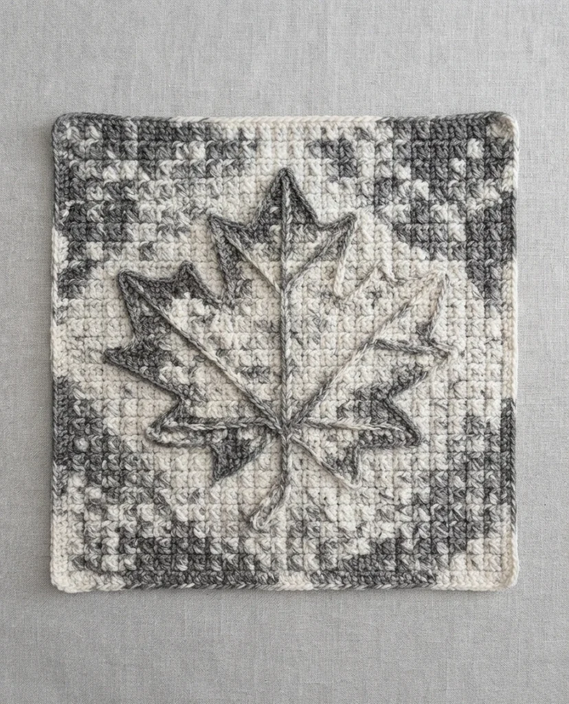 Crocheted square in cream and gray yarn with a large maple leaf motif worked across the center and a patterned border, photographed flat on a light gray fabric background.