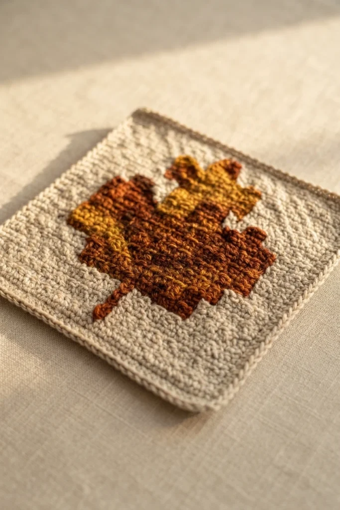 Finished crocheted square in cream with a maple leaf motif in mustard, orange and brown, worked in corner-to-corner stitches and photographed on a linen surface in warm sunlight.