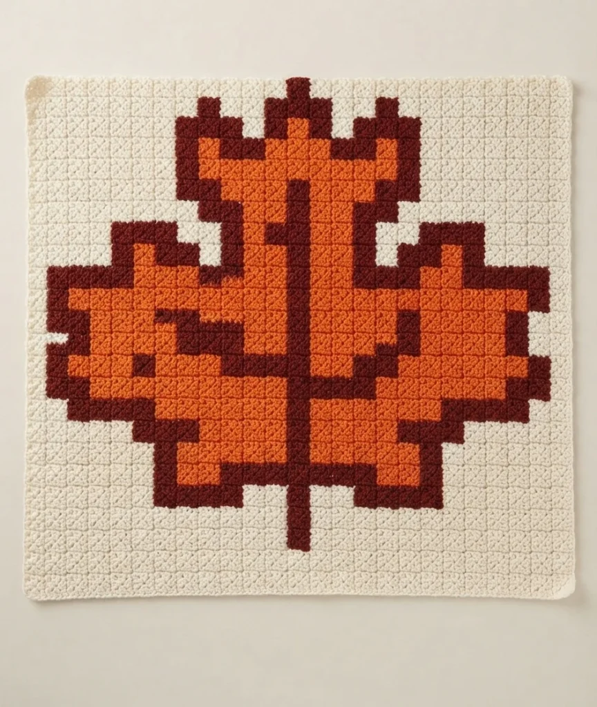 Finished corner-to-corner crochet square in cream, orange and dark brown forming a maple leaf design, photographed flat on a plain light background.