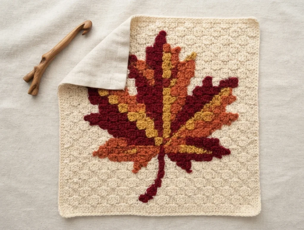 Finished crochet square in cream with a corner-to-corner maple leaf in burgundy, orange and gold, laid on pale linen beside a wooden crochet hook with a folded light fabric over one corner