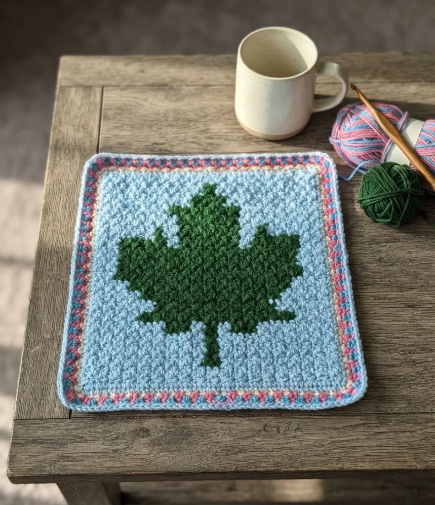 Finished light blue crochet square with a green maple leaf motif in the center and a pink and blue border, laid on a wooden table beside a mug, two balls of yarn and a wooden crochet hook.