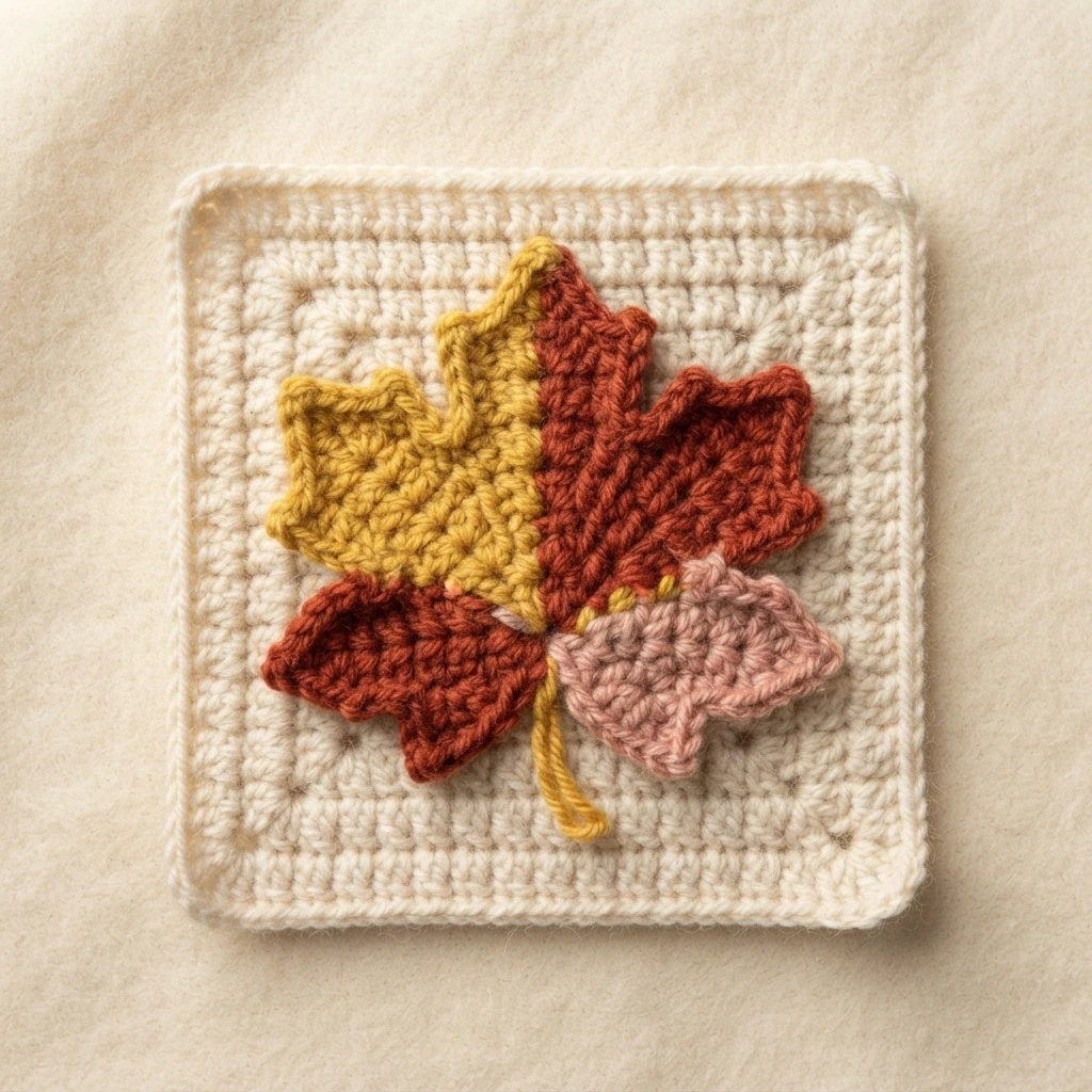Crochet square in cream with a maple leaf motif worked in mustard yellow, rust red and dusty pink, photographed flat on a soft neutral fabric background.