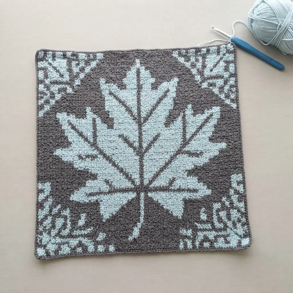 Finished corner-to-corner crochet square shown flat, with a light blue maple leaf motif centered on a dark grey background and light blue leaf shapes in the corners; a blue crochet hook and a ball of light blue yarn rest at the top right of