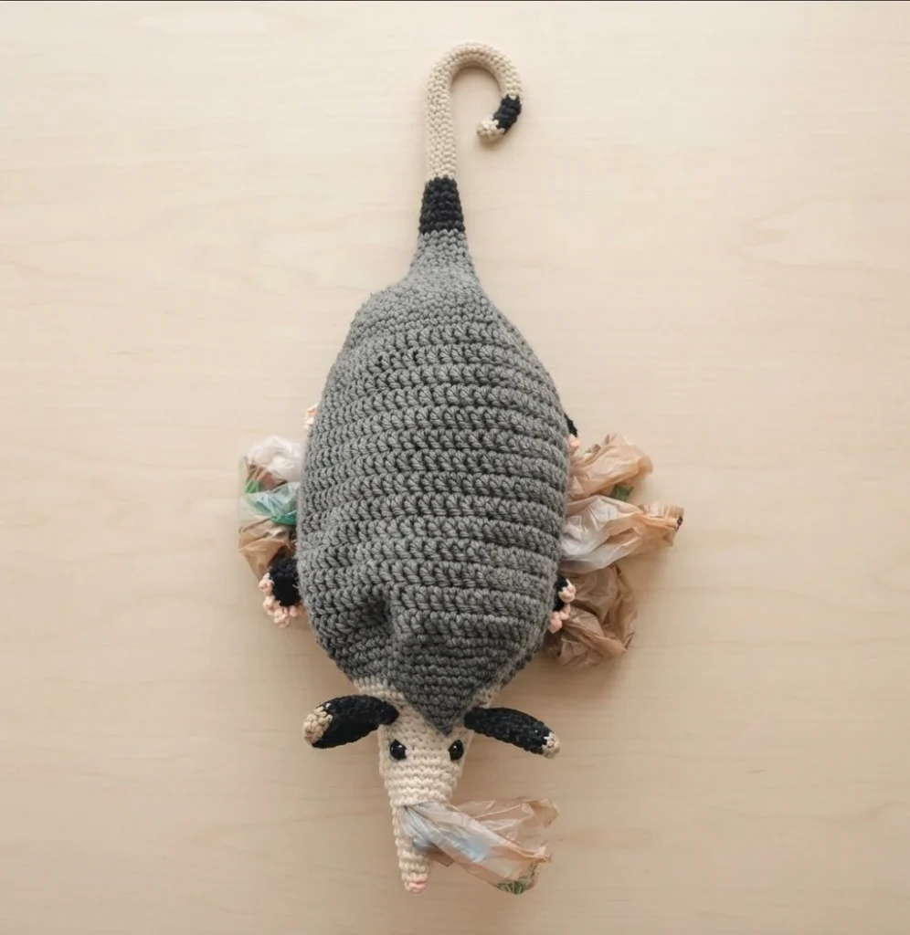 Crocheted gray opossum bag dispenser lying flat on a light wood surface, with plastic bags tucked along both sides of its body and pulled through its cream colored snout, black ears, small pink toes and a cream tail with a black tip.