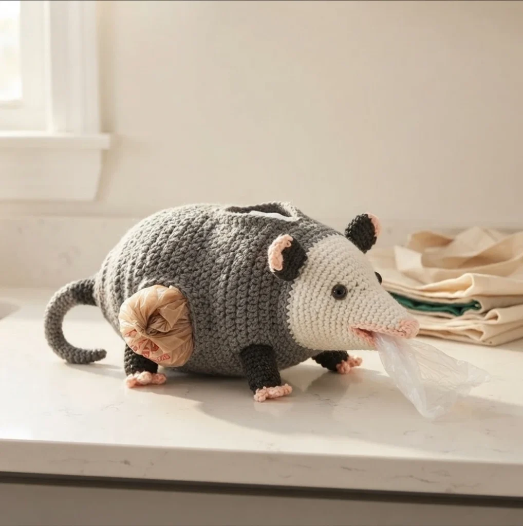 Crocheted opossum bag holder with a dark gray body, white snout, pink nose and paws, resting on a counter with a plastic bag pulled from its mouth and a bundle of bags showing at a side opening.