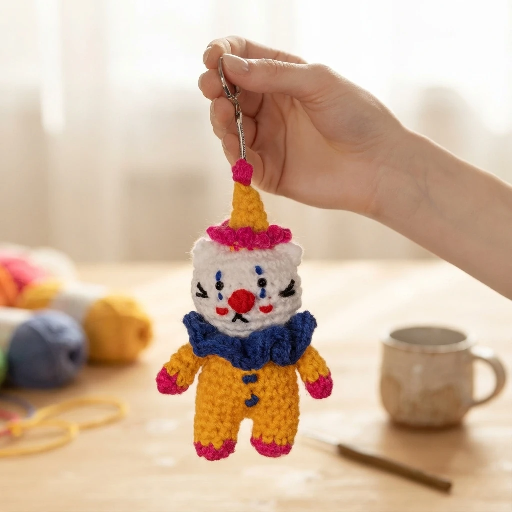 Hand holding a crocheted cat clown charm on a metal keyring, with a white face, yellow pointed hat with pink trim and pompon, blue ruffle collar and yellow body with pink cuffs, photographed in a bright room.